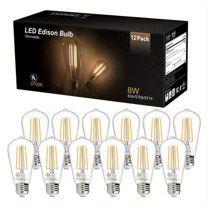 ST58 Vintage Edison LED Filament Bulb 8W 2700K Warm White Dimmable – 60W Equivalent E26 Base Clear Glass Antique Style for Chandelier Pendant Bedroom Living Room Home Commercial, 12 & 24 Pack