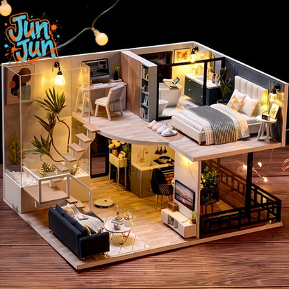 Double Story Wooden Cottage 3D Puzzle Model Kit with Furniture & Tools – No Glue No Battery DIY Handmade Apartment House Assembly Relaxing Craft Gift for Adults Teens Men Women Birthday Holiday