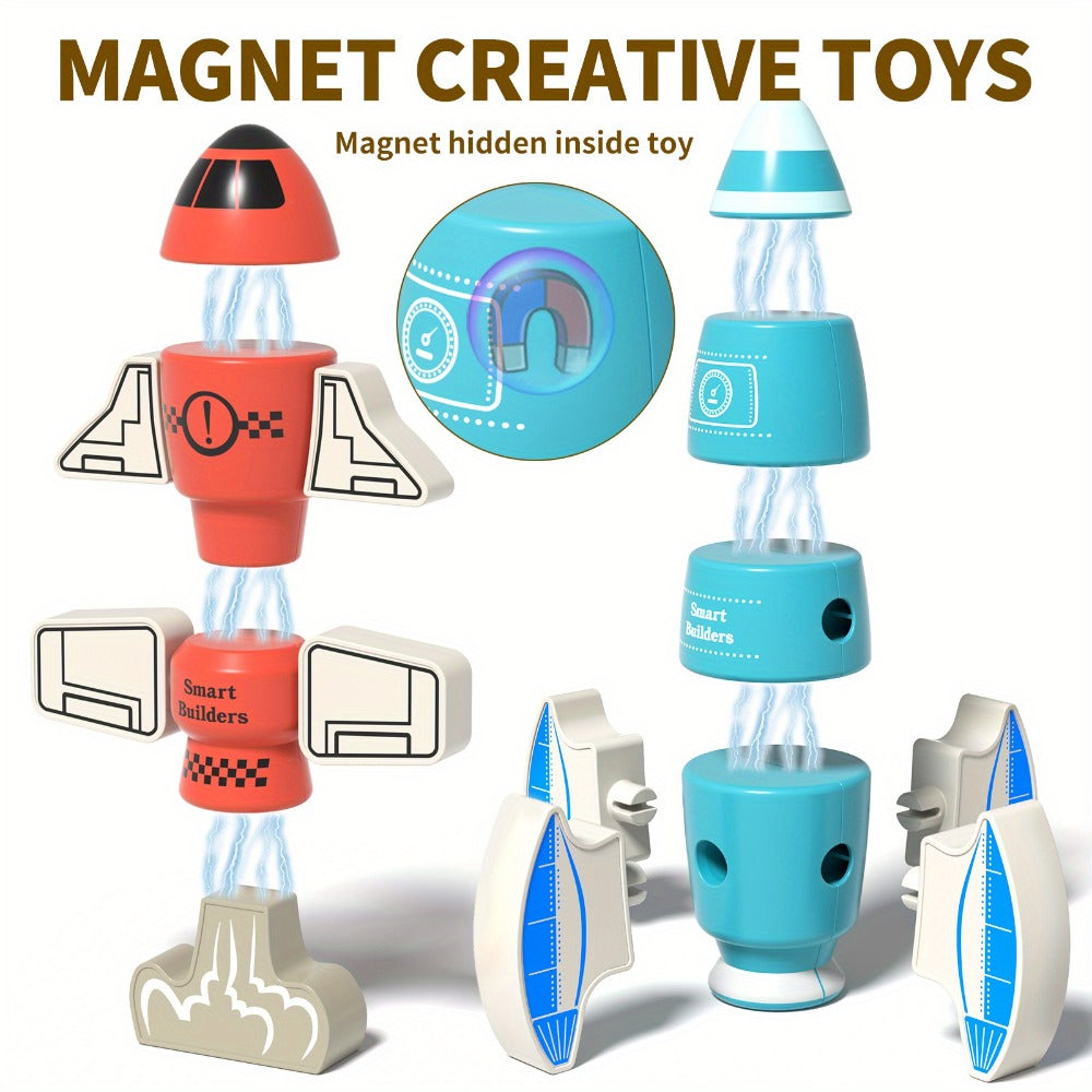 Magnetic Robot Building Toy for Kids Ages 3-5 – 33-Piece STEM Stacking Playset with Storage Box, Rocket Robot & Monster Styles, Magnet Construction Kit, Birthday Christmas Gift for Boys & Girls