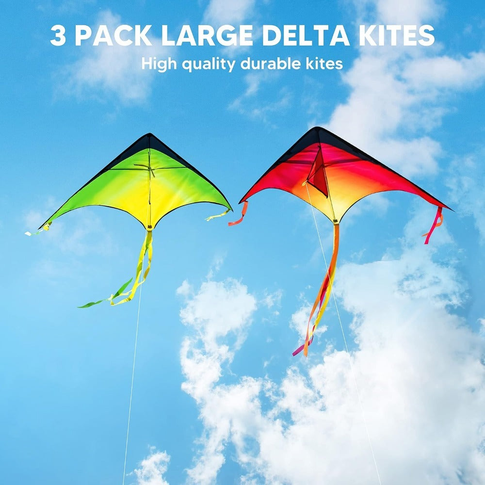 Large Delta Kite 3 Pack for Kids & Adults – Gradient Easy-to-Fly Kites with 58-Inch Wingspan & 262.5 Ft String, Stable in Light Wind | Best Outdoor Beach Park Gift for Boys and Girls