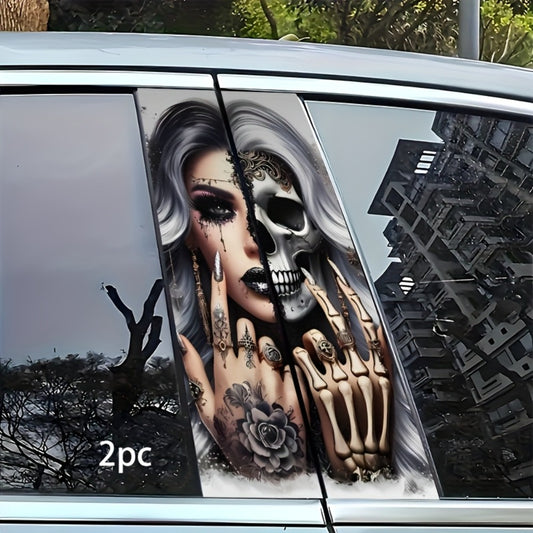 Car Door B-Pillar Vinyl Decal Stickers 2pcs Skull & Girls Design | Waterproof Scratch-Resistant Self-Adhesive Glossy Exterior Decor | Durable Car Body Stickers for SUV Truck Auto Styling
