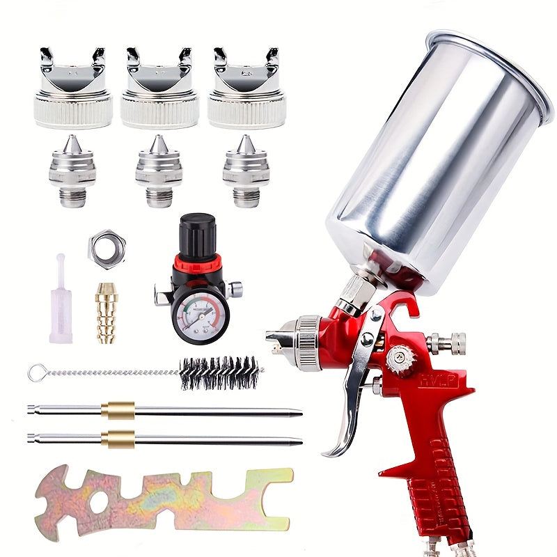 3 Nozzle Air Spray Gun Kit Auto Paint Car Primer Detail Basecoat Clearcoat, Auto Paint Spray Gun, Air Spray Gun With 1.4/1.7/2.0mm Nozzles, For Walls, Automotive, Home Improvement (Red)