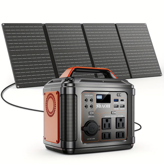 Solar Generator Portable Power Station 300W 296Wh | 60W Solar Panel AC DC USB Fast Charging LED Flashlight | Camping RV Emergency Backup Battery Orange