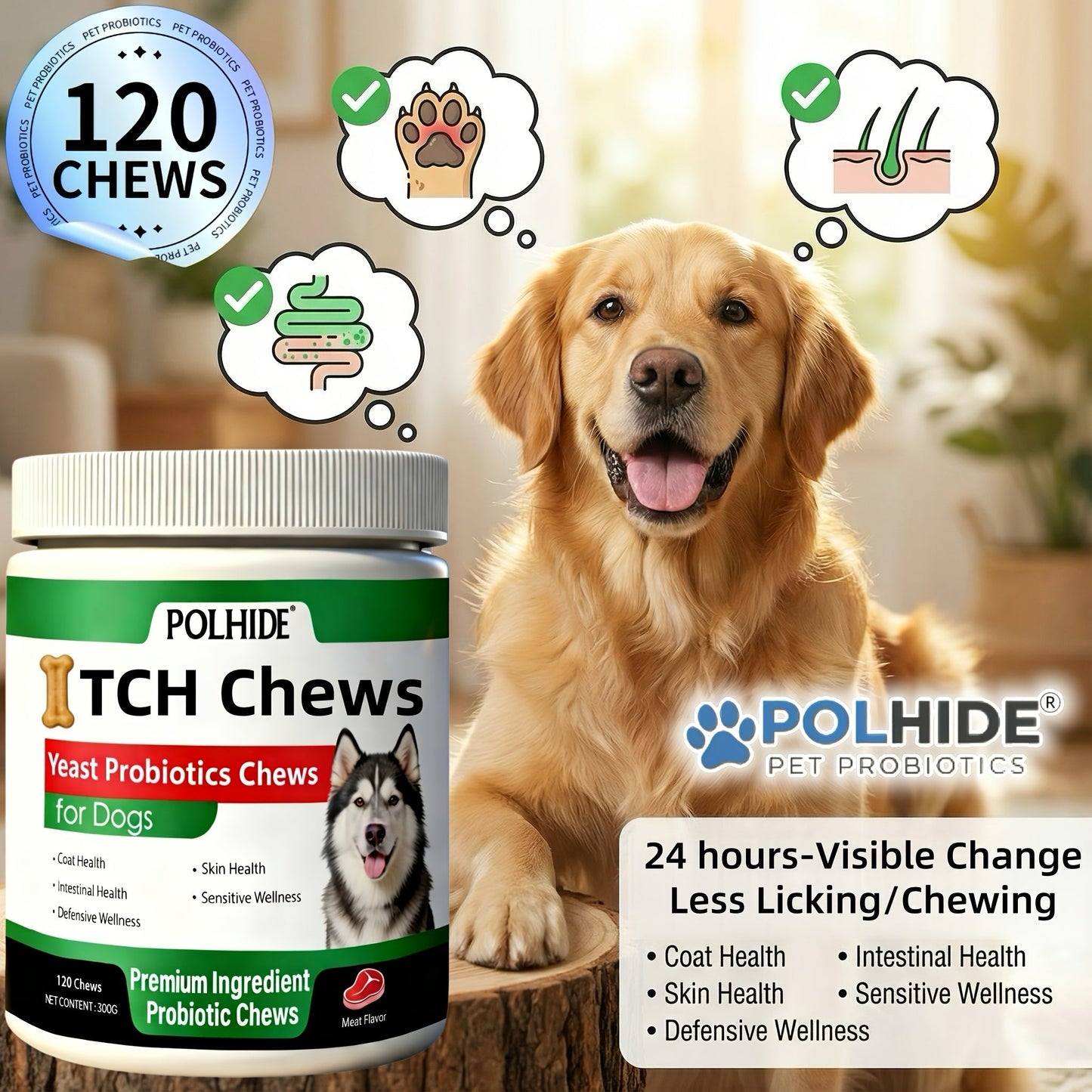 Dog Probiotic Chews 120 Count Heart-Shaped Soft Chews with Yeast & Meat Flavor | Supports Gut Health Coat & Immunity | All Breeds All Ages | 120-Day Supply Pet Digestive Supplement Daily Wellness Chew
