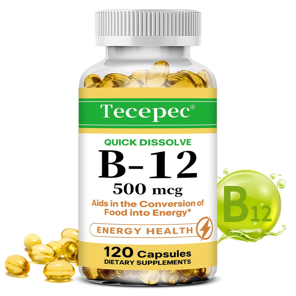 Vitamin B12 500mcg Capsules 120 Count for Women Men – Supports Energy Nervous System Cardiovascular Health Nutrient Absorption Daily Vitality Premium Formula Dietary Supplement