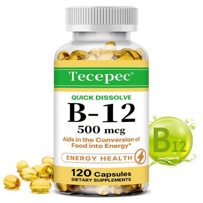 Vitamin B12 500mcg Capsules 120 Count for Women Men – Supports Energy Nervous System Cardiovascular Health Nutrient Absorption Daily Vitality Premium Formula Dietary Supplement