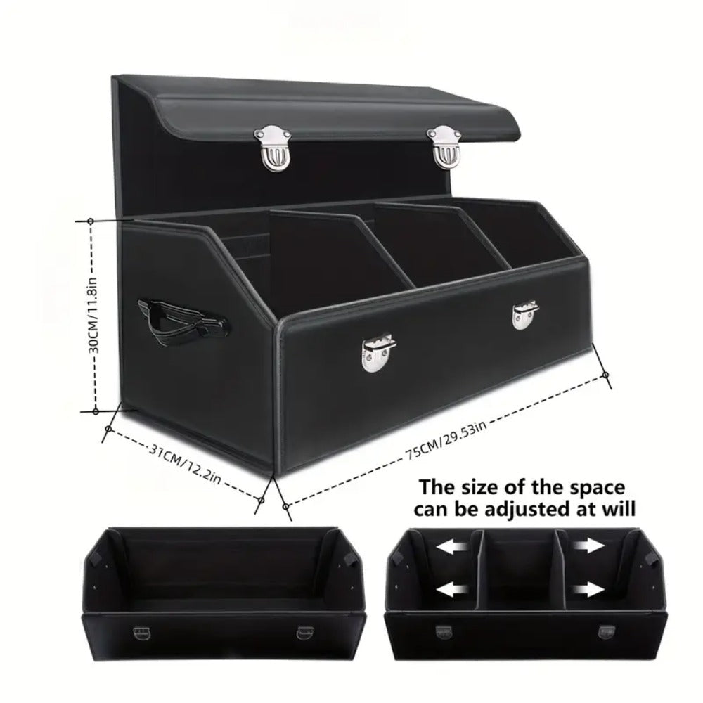 Car Trunk Organizer with Multi Compartments – PU Leather Foldable SUV Cargo Storage Box, Adjustable Dividers, Grocery & Travel Organizer