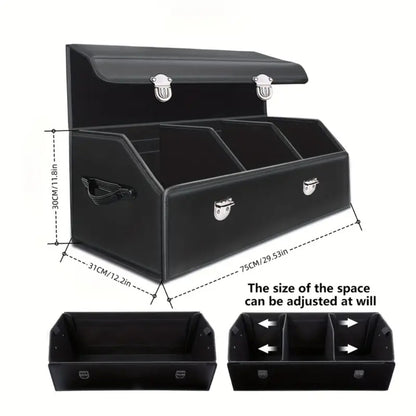 Car Trunk Organizer with Multi Compartments – PU Leather Foldable SUV Cargo Storage Box, Adjustable Dividers, Grocery & Travel Organizer