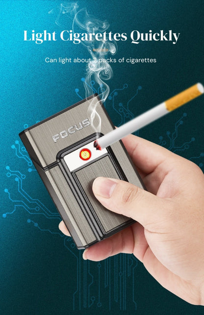 Cigarette Case with Built-in USB Rechargeable Lighter, Tungsten Filament Windproof Electric Igniter, One-Button Pop-Up, Holds 20 Cigarettes, Compatible with Soft & Hard Packs – Travel Cigarette Holder