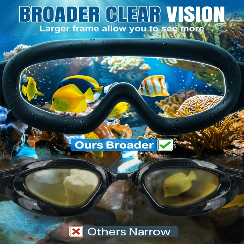 2 Pack HD Anti-Fog Swim Goggles – Leak-Proof Wide Vision, UV Protection Mirrored Lens, Comfortable Fit for Men Women Adults, with Earplugs Nose Clip Case & Waterproof Bag