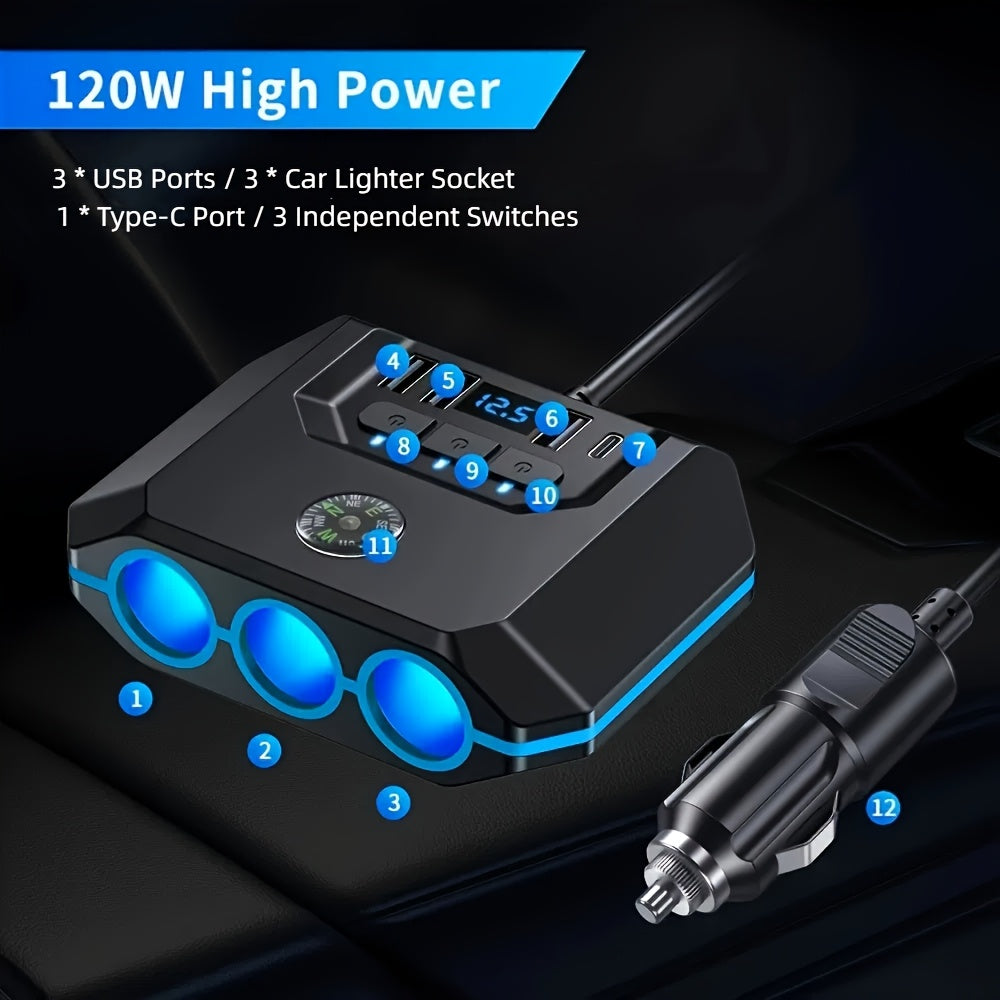 Car Lighter Splitter Charger Adapter 3 Socket Power Outlet 120W USB 12V/24V Car Socket Outlet Splitter with Voltage Monitor Independent Switch for