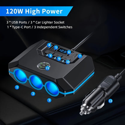 Car Lighter Splitter Charger Adapter 3 Socket Power Outlet 120W USB 12V/24V Car Socket Outlet Splitter with Voltage Monitor Independent Switch for