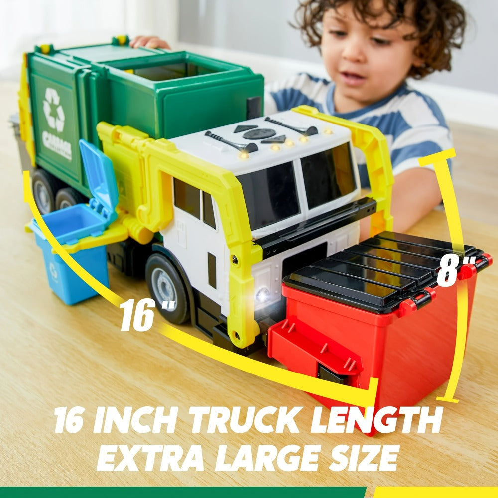 Garbage Truck Toy Set 16-Inch Large Friction-Powered with Lights & Sounds, Color-Coded Trash Bins, Garbage Sorting Learning Cards – Educational Gift for Boys & Girls Ages 3+