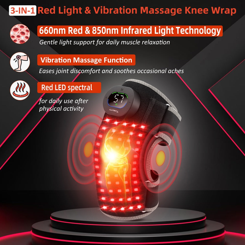 Red Light Therapy Knee Brace with Vibration Massage – 660nm & 850nm Infrared Light, 3 Massage Levels, 5 Light Modes, Joint Pain Relief & Muscle Recovery for Knee Elbow Shoulder with Extension Band