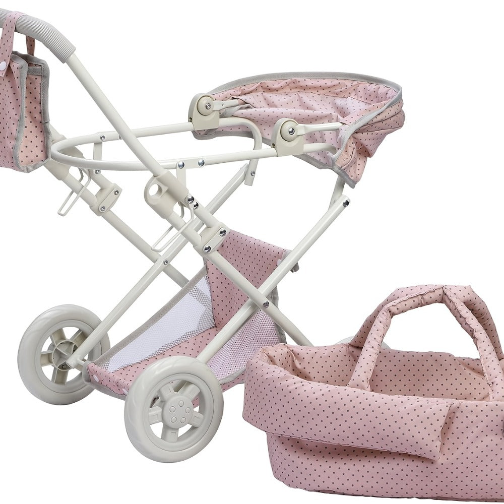 3-in-1 Baby Doll Stroller Set Pink Foldable Pram with Bassinet & Carry Bag for 14-24 Inch Dolls Swivel Wheels Adjustable Handle Nursery Role Play Gift for Girls Ages 3-12 (No Doll)