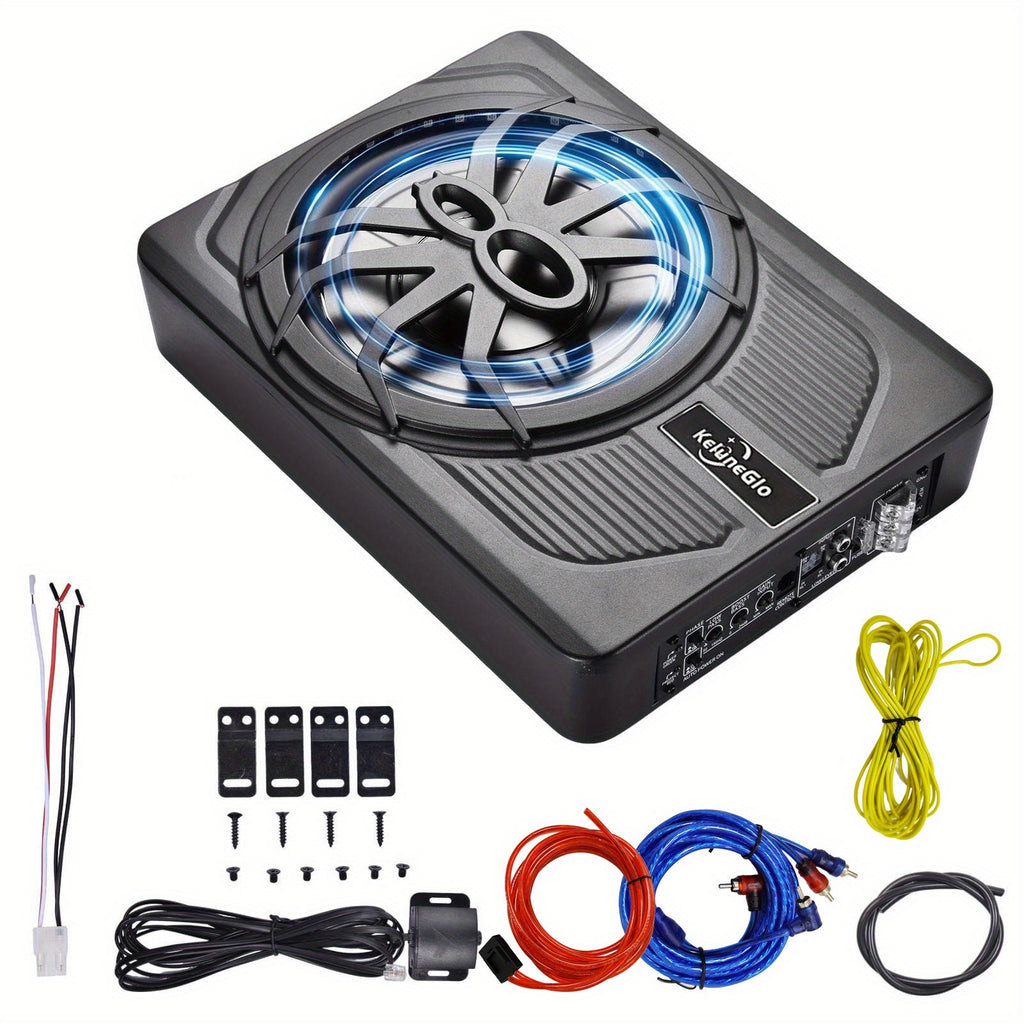 KELUNEGLO 10" 1200W Slim Under-Seat Powered Sub W/ Wiring, Built-in Amp & Blue LED, Halloween Audio, Subwoofer with Built in Amp, Subwoofer Amplificado Para Auto, Under Seat Subwoofer, Subwoofer Car Audio, 10inch Subwoofer