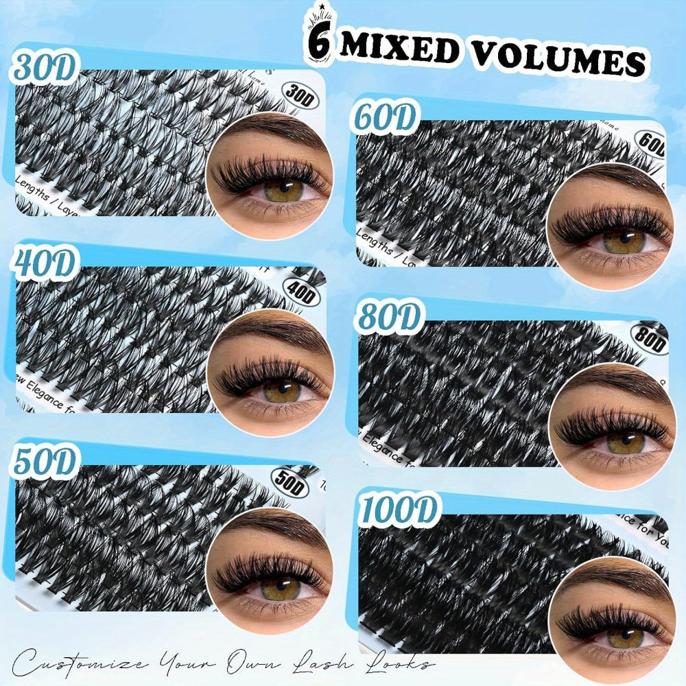 Complete 720-Piece Handmade Cluster Lash Kit with Glue & Tweezers — 30D to 100D, 6 Styles & Lengths, Lightweight No-Irritation Formula for Natural & Volume DIY Eyelash Extensions