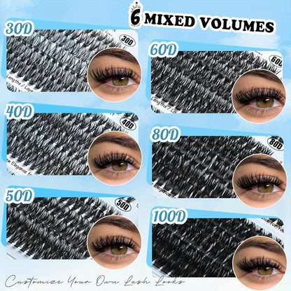 Complete 720-Piece Handmade Cluster Lash Kit with Glue & Tweezers — 30D to 100D, 6 Styles & Lengths, Lightweight No-Irritation Formula for Natural & Volume DIY Eyelash Extensions