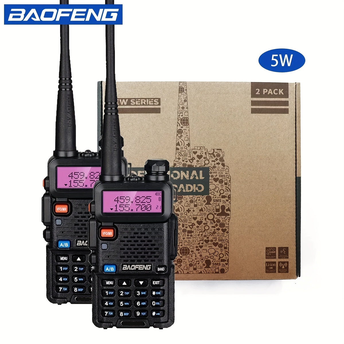 Set of 2 BAOFENG 5W High-Power Dual-Band Two-Way Wireless Handheld Portable Walkie Talkies for Hunting