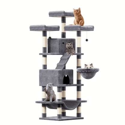 Large Multi-Level Cat Tree Tower – 68–81 Inch Tall Cat Condo with 2 Condos, 3 Plush Perches, Scratching Posts & Cat Hair Brush