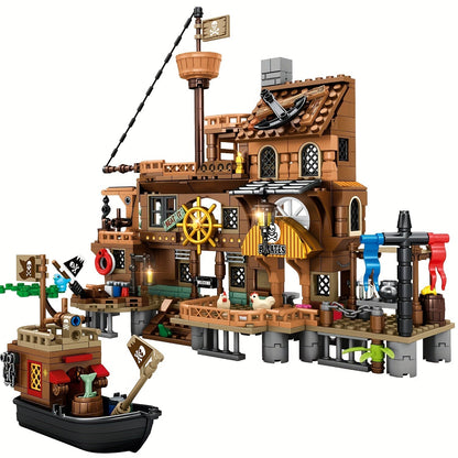Pirate Ship Building Blocks Set 573 Pieces – Pirate's Wharf Supply Center Brick Toy, LEGO-Compatible Adventure Build for Kids & Adults, Birthday Gift for Boys Who Love Pirates & Ships