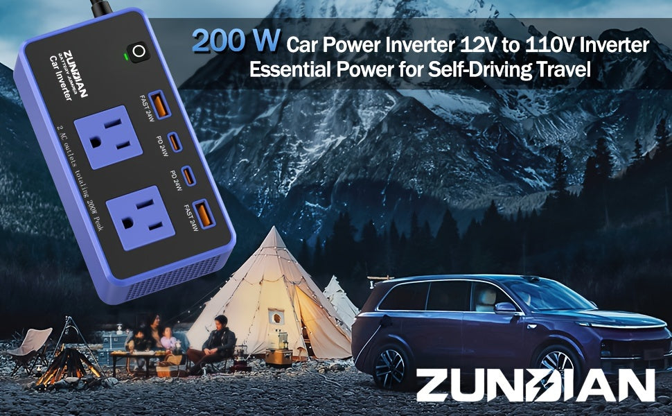 Power Inverter for Vehicles Car Accessories, USB Charger DC 12V to 110V Converter 200W Inverter Car Charger Adapter Outlet with USB Ports 4.8A 24W USB-C USB-A, Car Plug Adapter for Laptop Travel Camping Road Essentials Power Converter