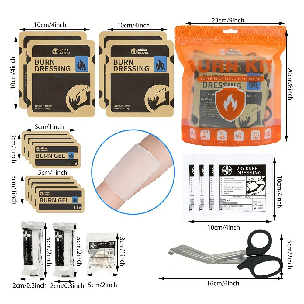 Burn Dressing Kit Emergency First Aid – Rhino Rescue Burn Care Kit with Hydrogel Burn Dressings, Portable Orange Case for Home Outdoor Workplace Camping Survival
