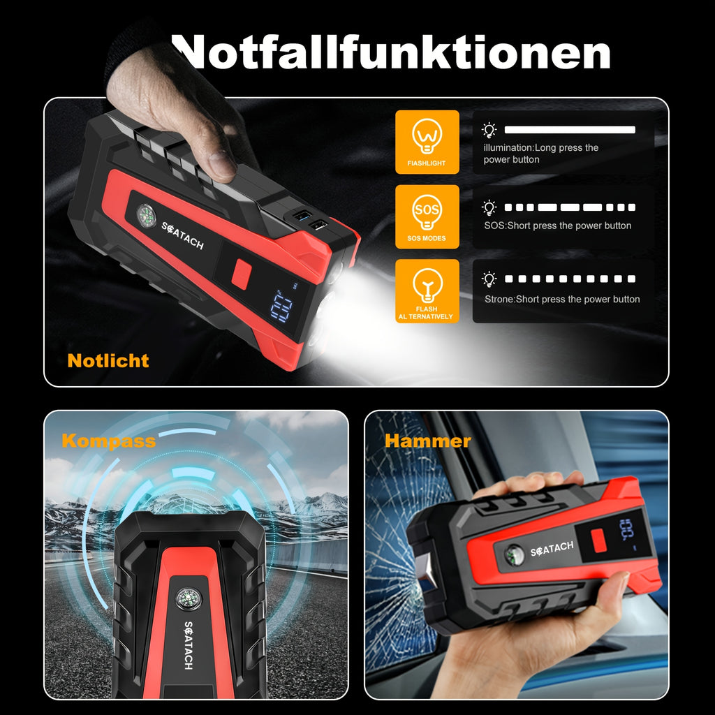The Car Emergency Starter Power Supply Comes with A Digital Tire Pressure Gauge And Air Pump, A Window Breaker Hammer, And Is Suitable for 12V Cars, Trucks, SUV, Rvs, And Motorcycles. It Features A Multi-Functional Portable LED Display, SOS