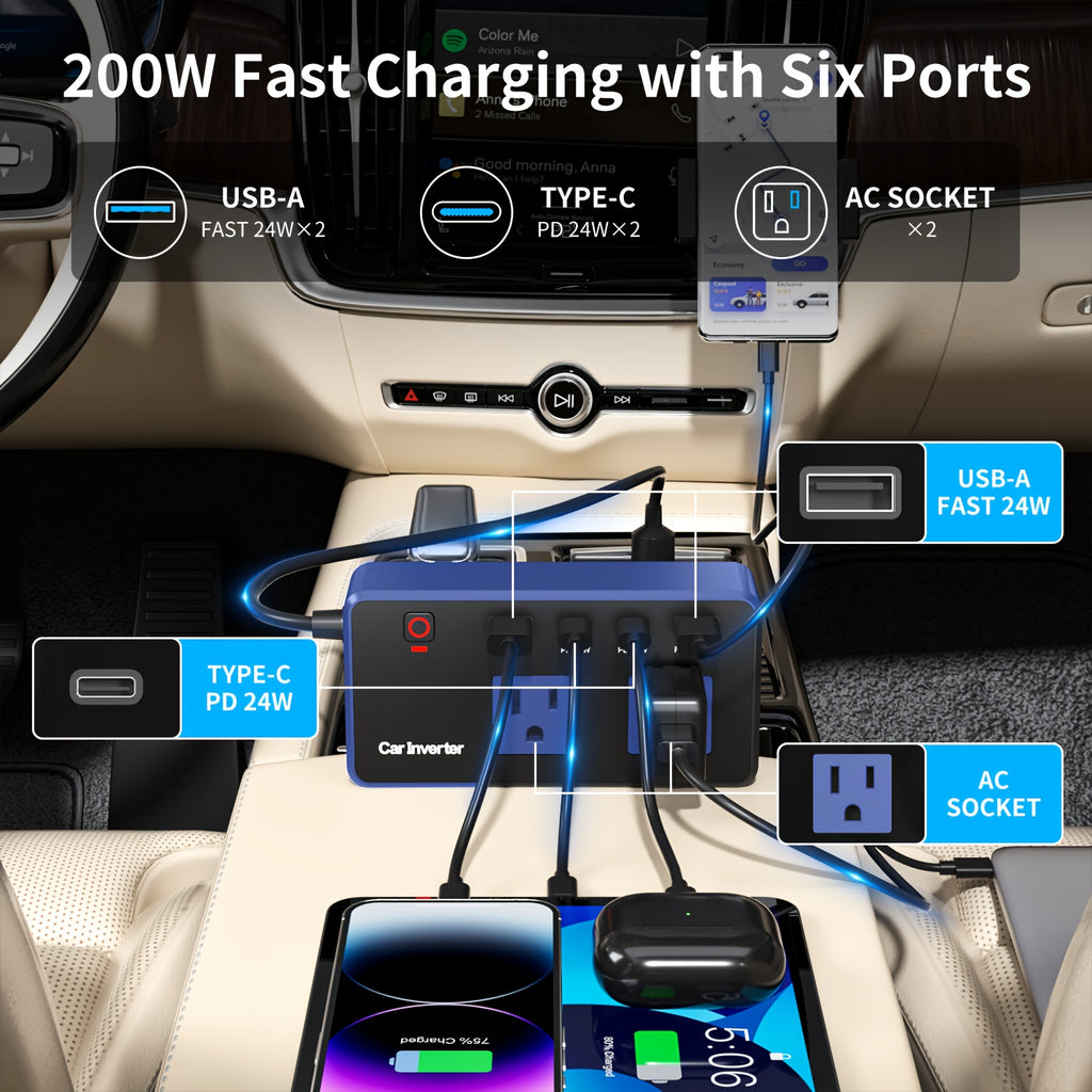 Power Inverter for Vehicles Car Accessories, USB Charger DC 12V to 110V Converter 200W Inverter Car Charger Adapter Outlet with USB Ports 4.8A 24W USB-C USB-A, Car Plug Adapter for Laptop Travel Camping Road Essentials Power Converter