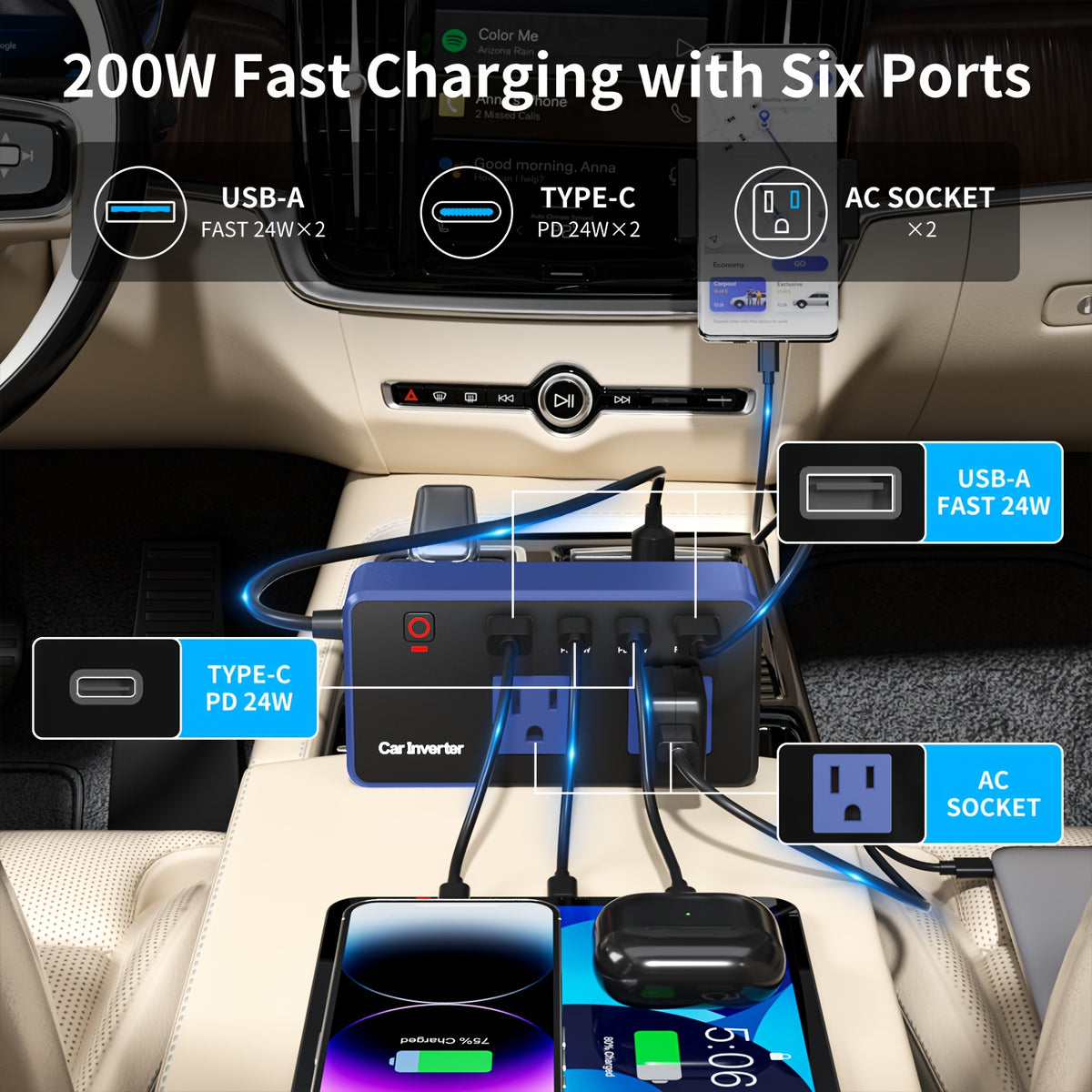 Power Inverter for Vehicles Car Accessories, USB Charger DC 12V to 110V Converter 200W Inverter Car Charger Adapter Outlet with USB Ports 4.8A 24W USB-C USB-A, Car Plug Adapter for Laptop Travel Camping Road Essentials Power Converter