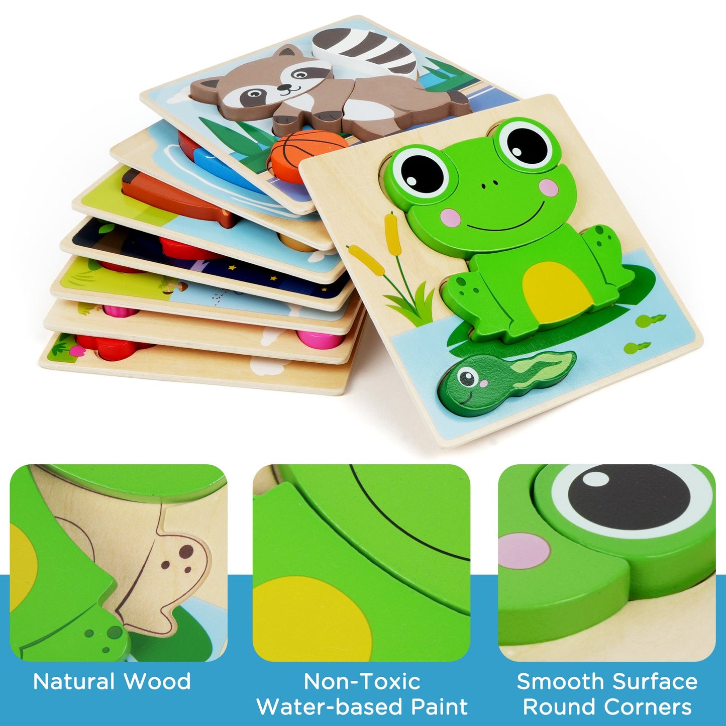 Wooden Animal Puzzles for Toddlers 8-Pack – Colors & Shapes Cognition Learning Toy for Kids Ages 1 2 3, Montessori Educational Preschool Gift, Baby Infant Thinking Training Toy, Christmas Birthday Baby Shower
