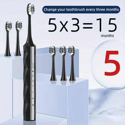 Sonic Electric Toothbrush IPX8 Waterproof – USB Rechargeable, Smart Timer, Metal Handle, 5 Replacement Brush Heads, Soft Bristles for Adults Men & Women – Black & Blue