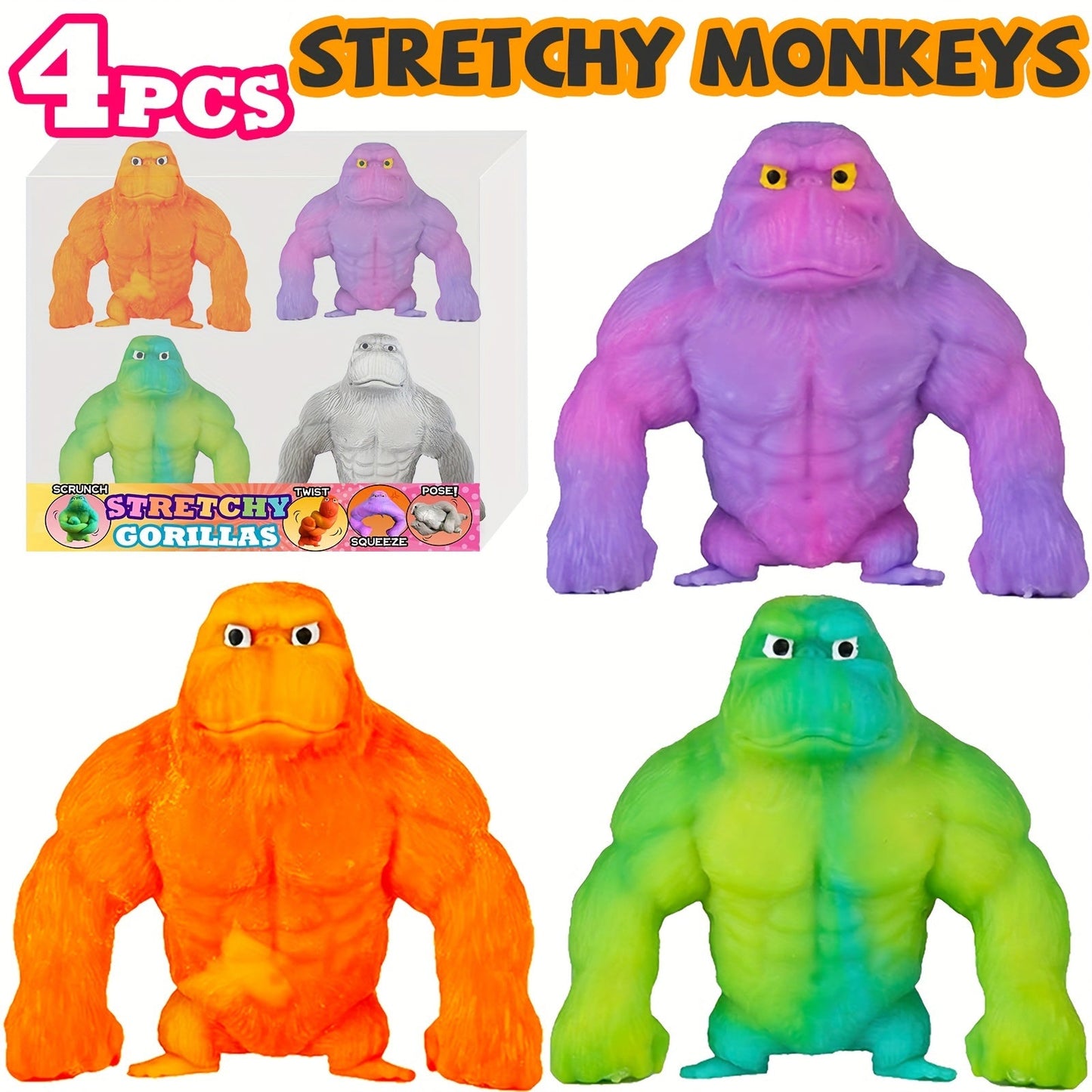 Squishy Monkey Stretchy Fidget Toy 4pcs – Mega Gorilla Squish & Stretch Stress Relief Toy, PVA Sponge Filling, Random Colors, Fun Kids Sensory Toy Party Favor Gift