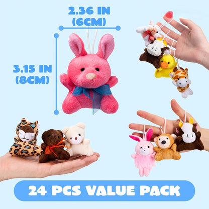 Bulk Mini Stuffed Animal Party Favors 24 Pack – 2.5-3 Inch Plush Keychain Toys for Easter Egg Hunt Basket Stuffers, Birthday Classroom Prizes, Halloween Goody Bag Fillers for Kids