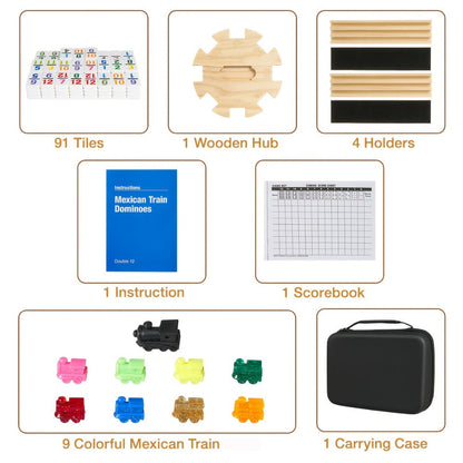 Mexican Train Dominoes Double 12 Set – 91 Colorful Tiles, 9 Metal Trains & 4 Wooden Racks, Complete Strategy Board Game with EVA Travel Case for Family Game Night, Adults & Kids, Classic Christmas & Holiday Gift