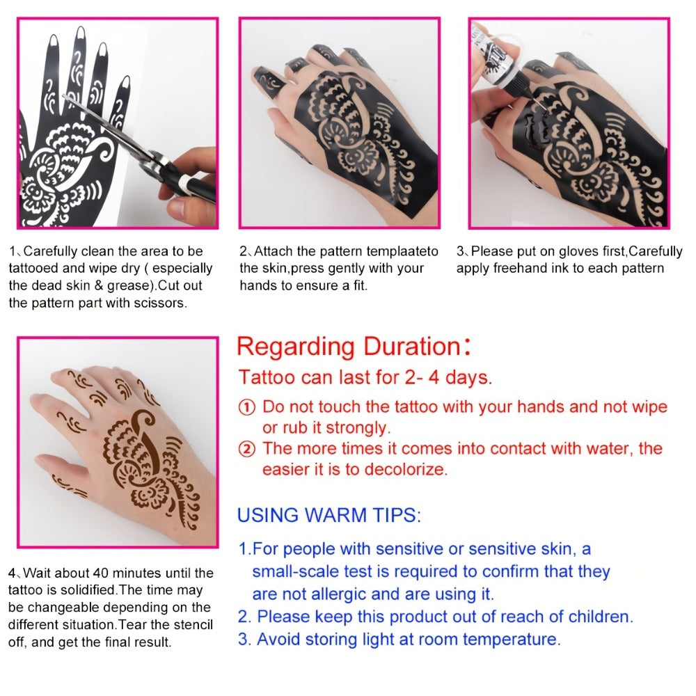 Fake Freckles Jagua Gel Kit Semi-Permanent Temporary Tattoo Ink — 3 Brown & Red Ink Bottles, 6 Stencils & Gloves for Freehand Body Art, Weddings, Festivals & Halloween