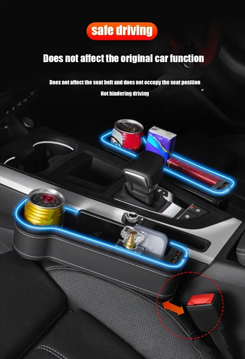 Car Seat Gap Storage Box, Phone Holder Charger, Clutter Organizer, Car Seat Gap Organizer with LED Ambient Lighting, Faux Leather Multi-Function Console Side Bag with Dual USB Charging Ports, for Vehicle Interior Additions