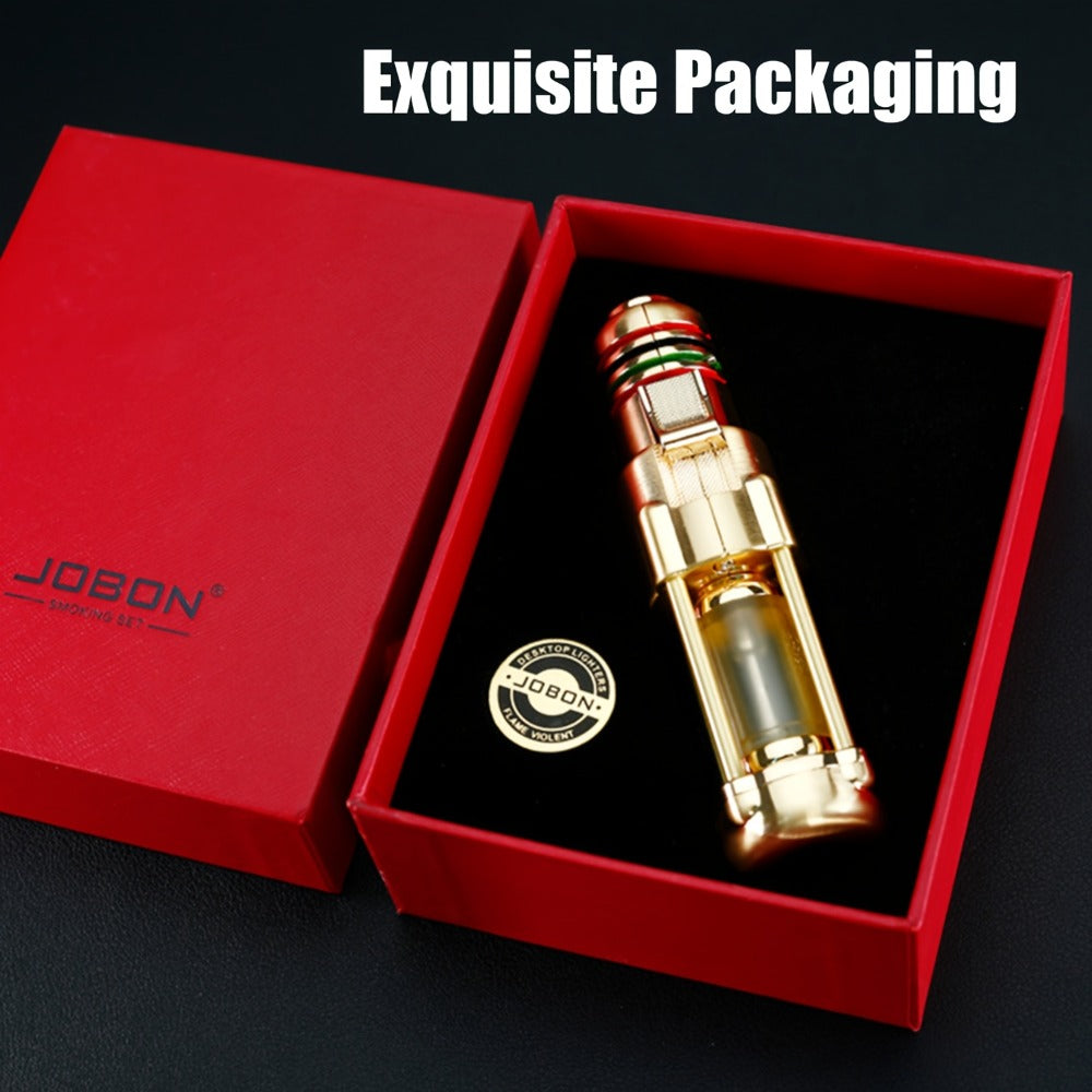 Butane Torch Lighter Windproof Jet Flame Zinc Alloy Refillable – Visible Fuel Tank, Adjustable Blue Flame, Rocket Design for Camping, BBQ, Cigar & Outdoor Use, Grey & Golden (No Butane Included)