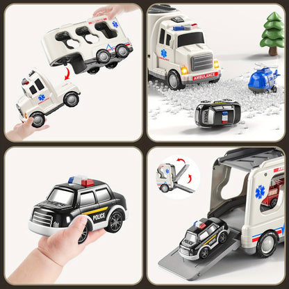 Ambulance Truck Toy 5-in-1 Carrier Set with Lights & Sounds – Friction Power Emergency Vehicle Playset for Kids Boys Ages 3+, Birthday Gift
