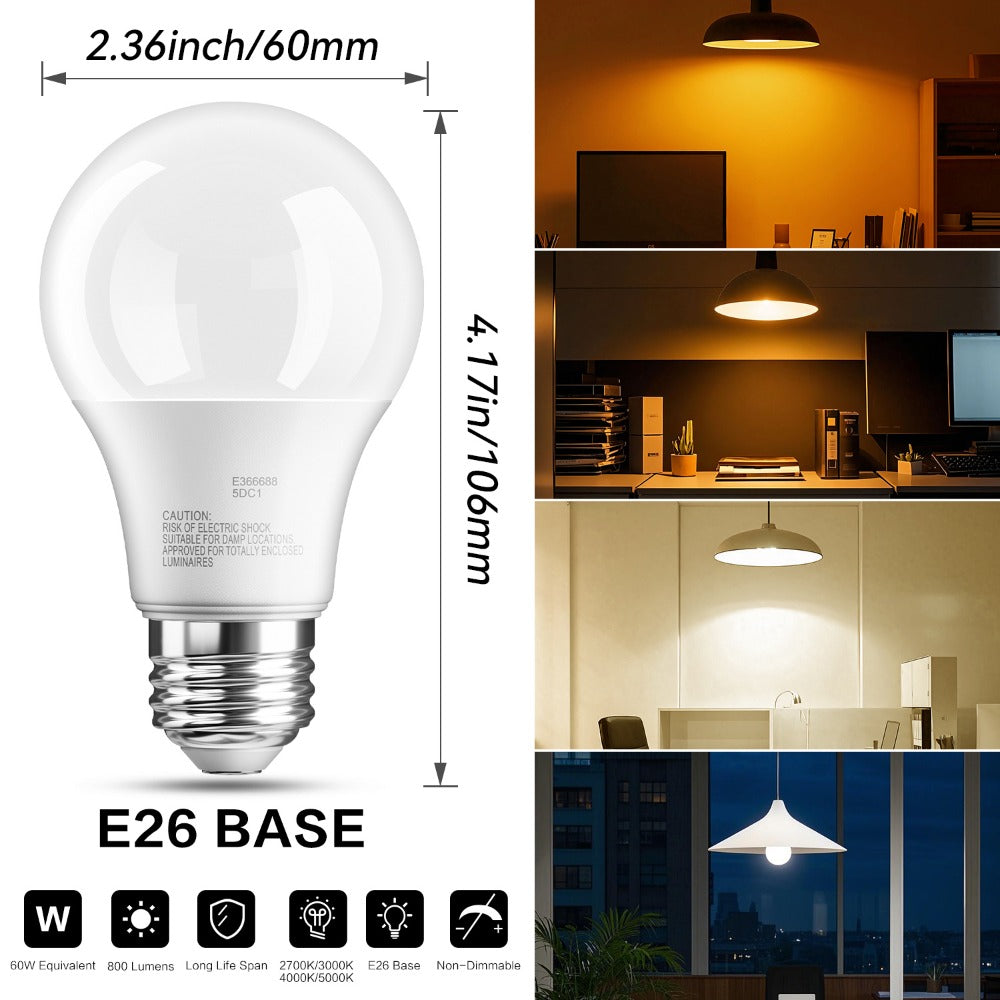 A19 LED Bulb 9W 800 Lumens 60W Equivalent 12 Pack – E26 Base 80+ CRI Non-Dimmable Energy Efficient, Daylight 5000K Neutral 4000K Soft 3000K Warm White 2700K for Bedroom Office Study Home Lighting