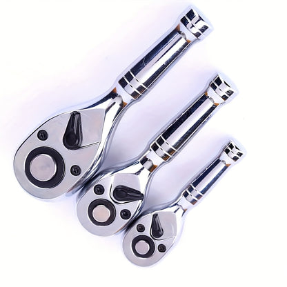 72-Tooth, Quick Ratchet Wrench Set, Socket Wrench- Compact Dual-Direction Short Handle For Auto Repair, 3 Drive Sizes (1/4" 3/8" 1/2") W/Socket Head Tool