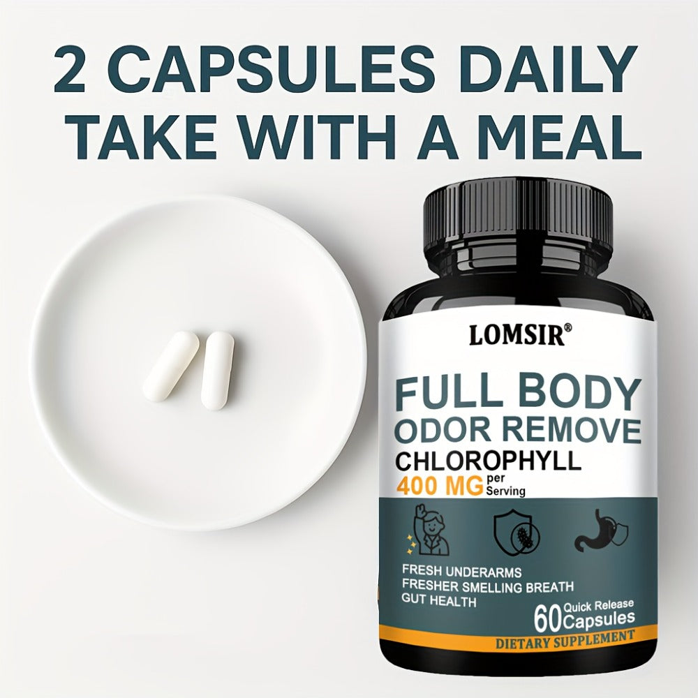 Chlorophyll Capsules 400mg with Matcha Green Tea, Apple Cider Vinegar, Peppermint, Sage & Aloe Vera – Daily Detox & Digestive Health Green Complex | Natural Body Odor & Gut Support | 60 Capsules