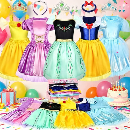 Girls Princess Dress Up Costume Set 14pcs – 5 Role Play Outfits with Crowns, Earrings & Storage Box, Toddler Princess Costumes for Girls Ages 3-6, Birthday Gift