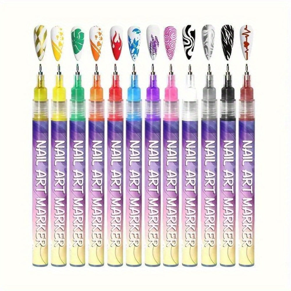 Metal Rod Nylon Brush Nail Art Pen Set 12 Colors - Acrylic Paint Pens for 3D Doodle Dot & Stitching Nail Design, Quick-Dry Long-Lasting Detail Tools for Home & Salon, Beginner Gift