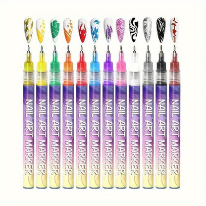Metal Rod Nylon Brush Nail Art Pen Set 12 Colors - Acrylic Paint Pens for 3D Doodle Dot & Stitching Nail Design, Quick-Dry Long-Lasting Detail Tools for Home & Salon, Beginner Gift