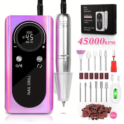 Low Noise Nail Drill Machine 45000RPM Rechargeable with LCD Display — Quiet Electric E-File for Gel Polish Acrylic Natural Nails, Professional Cordless Nail Sander for Home & Salon Manicure, White Purple Pink