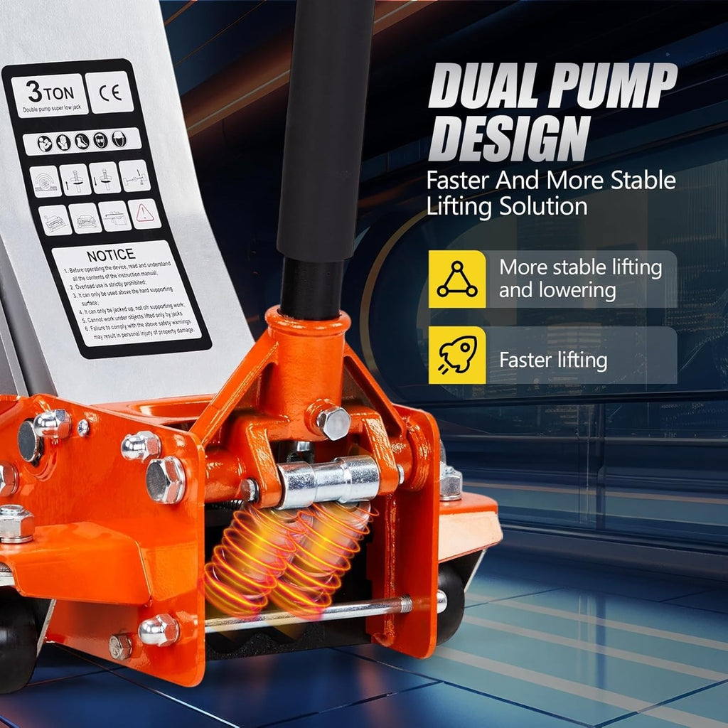 Low Profile Floor Jack, Heavy Duty Jack with Dual Pistons Quick Lift Pump for Cars & SUVs, Lifting Range 2-19/20" to 20-1/10", Orange