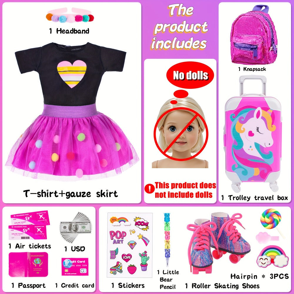 18 Inch Doll Travel Accessories Set 25 Pcs – Unicorn Suitcase Roller Skates Backpack Outfit Hairpins School Supplies, Fits American Girl & Most 18 Inch Dolls, Birthday Christmas Gift for Girls Ages 3-12 No Doll
