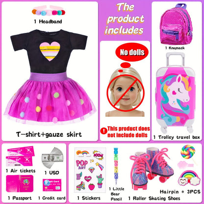 18 Inch Doll Travel Accessories Set 25 Pcs – Unicorn Suitcase Roller Skates Backpack Outfit Hairpins School Supplies, Fits American Girl & Most 18 Inch Dolls, Birthday Christmas Gift for Girls Ages 3-12 No Doll