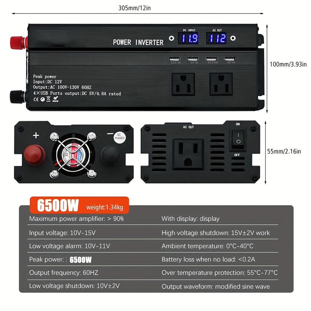 DC 12V to AC 110V Sine Wave Solar Power Inverter with an LCD Display, Capable of 6500W Peak Power. It Features a Universal Socket for Easy And Convenient Connections, Making It Ideal for Emergencies And Suitable for Mobile Phones, Rvs, Electronics